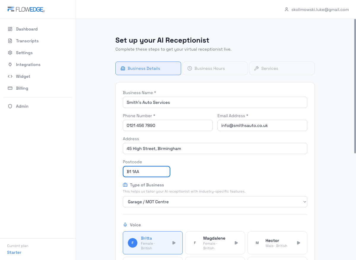 Step 1 — Business Details form filled in