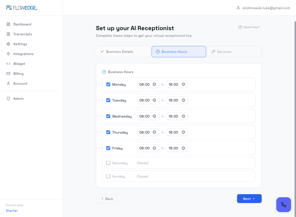Step 2 — Business Hours editor with Mon-Fri defaults