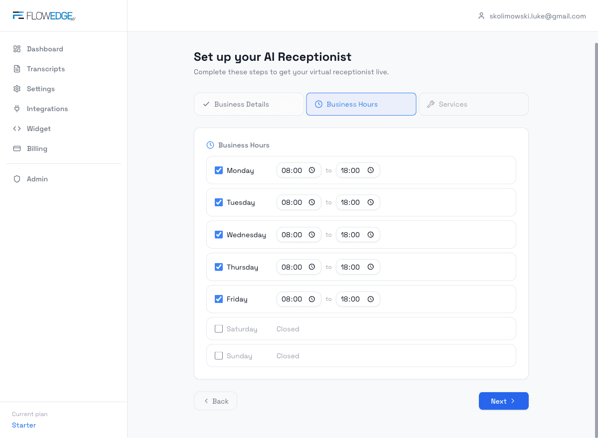 Step 2 — Business Hours editor