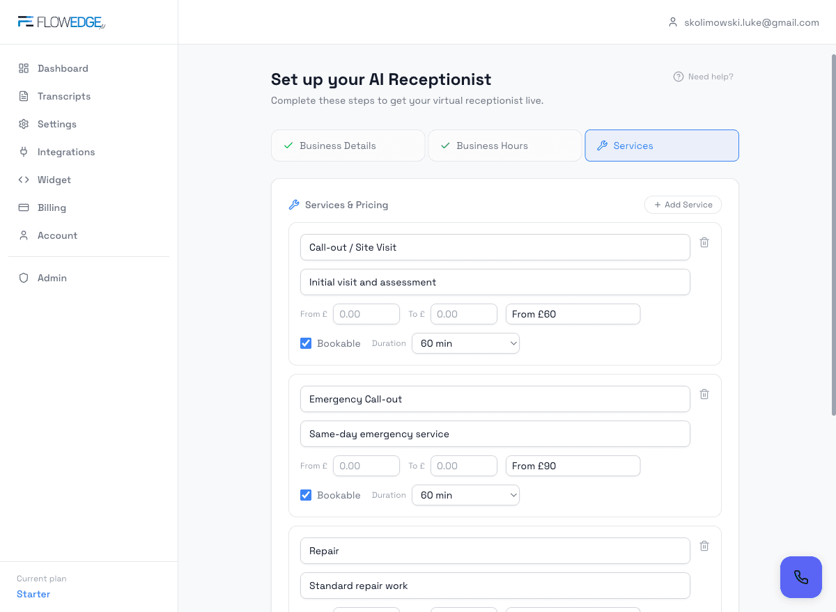 Step 3 — Services & Pricing with trades defaults