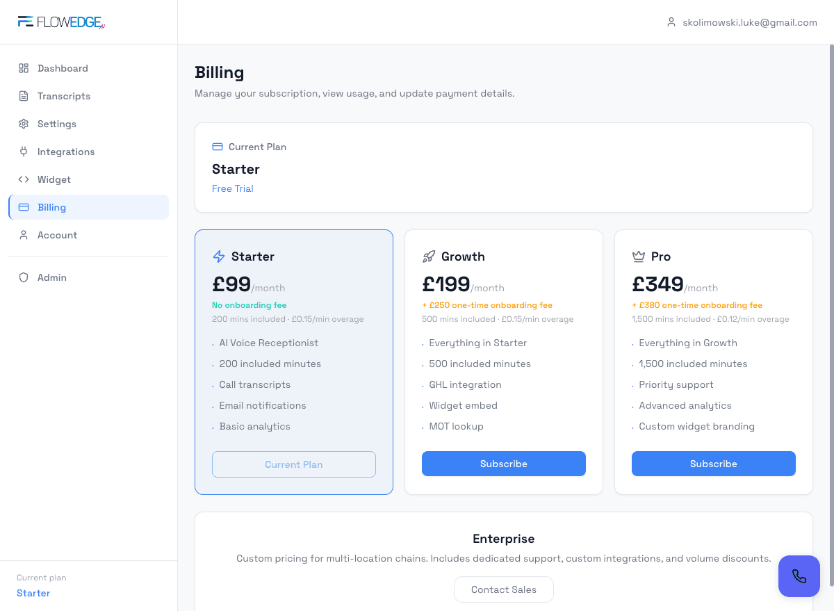 Step 4 — Billing page with Starter, Growth, and Pro plans
