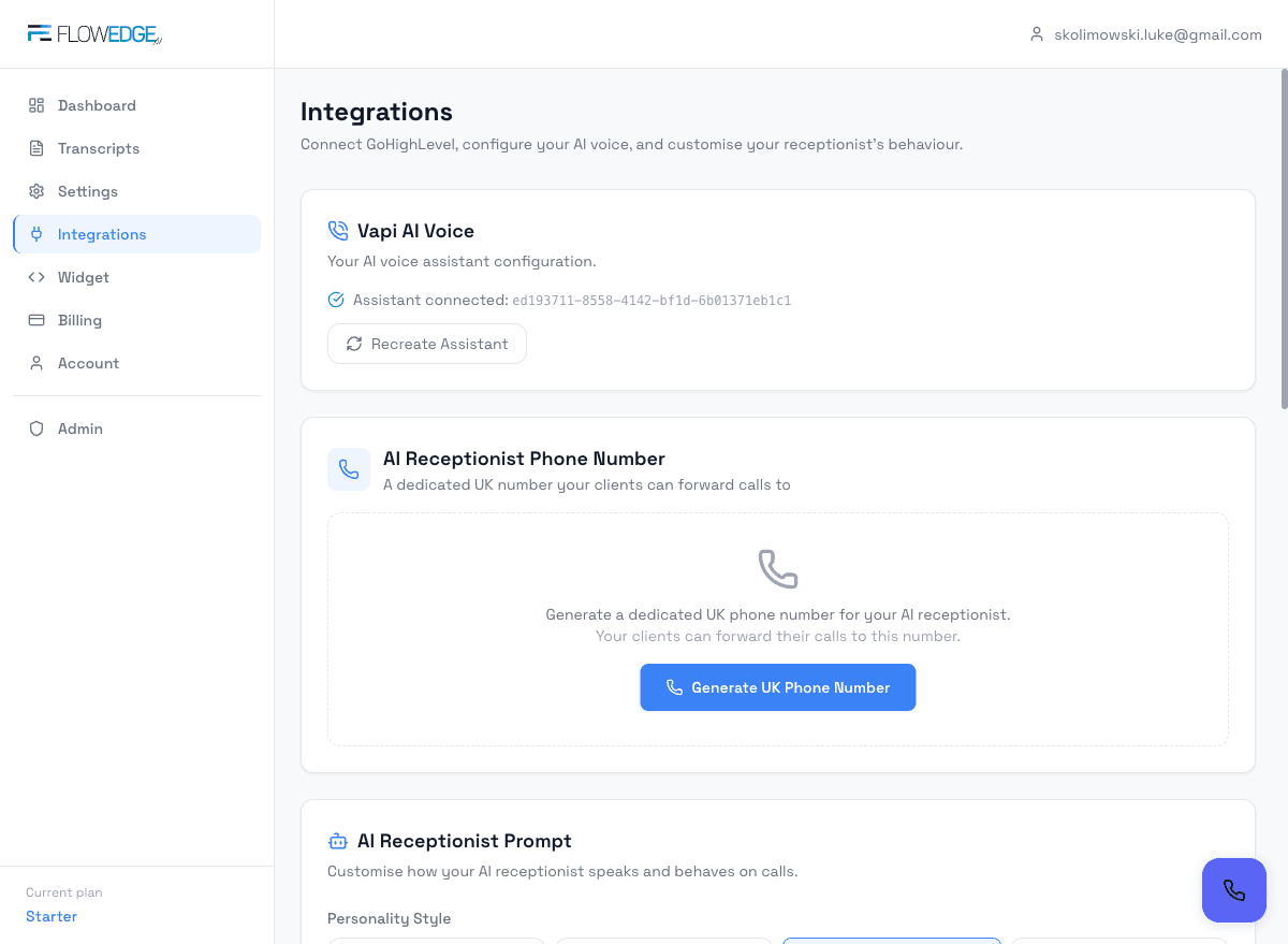 Step 5 — Integrations page with Vapi, Phone, Prompt, GHL, and Google Calendar