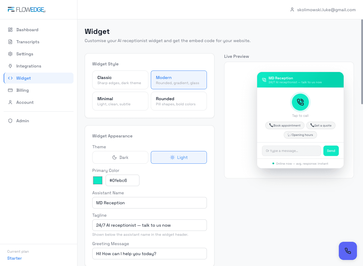 Step 6 — Widget configurator with live preview